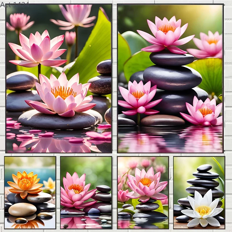 Zen Yoga Fitness - Spa Zen Kirschblüten-Lilien-Rosa-Lotus Leinwanddruck Poster Kunstgemälde