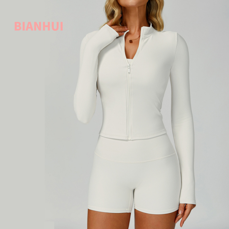 Yoga Fitness Jacket - BIANHUI Threaded Stand Collar Slim Fit